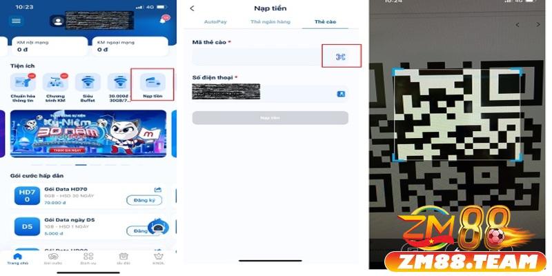 Hình thức nạp tiền ZM88 thông qua quét mã QR code